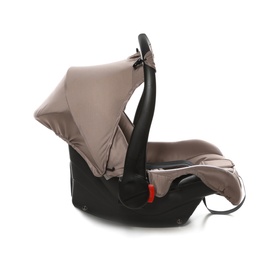 Photo of Brown child safety seat on white background