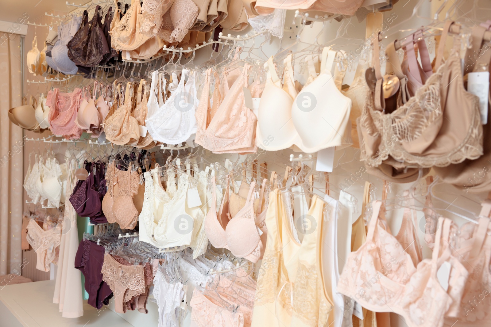 Photo of Many different beautiful women's underwear in lingerie store