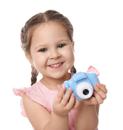 Photo of Little photographer with toy camera on white background