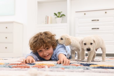 Little boy with cute puppies on carpet at home