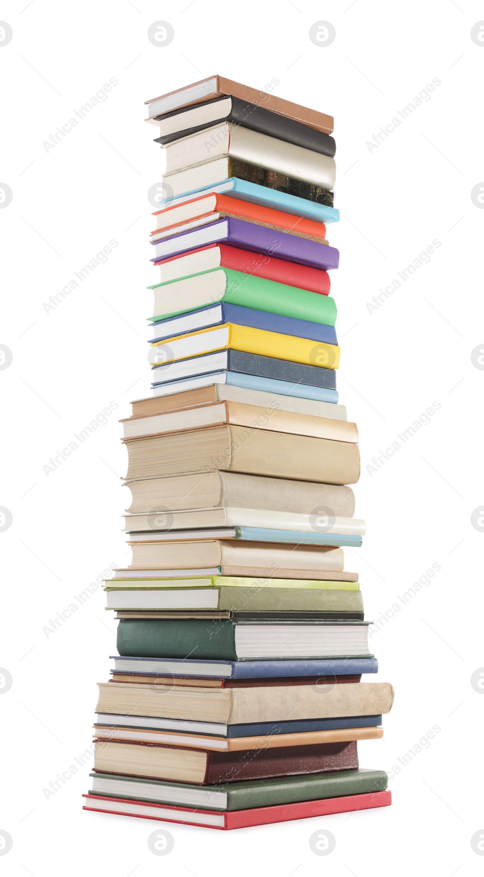 Photo of High stack of many different books isolated on white