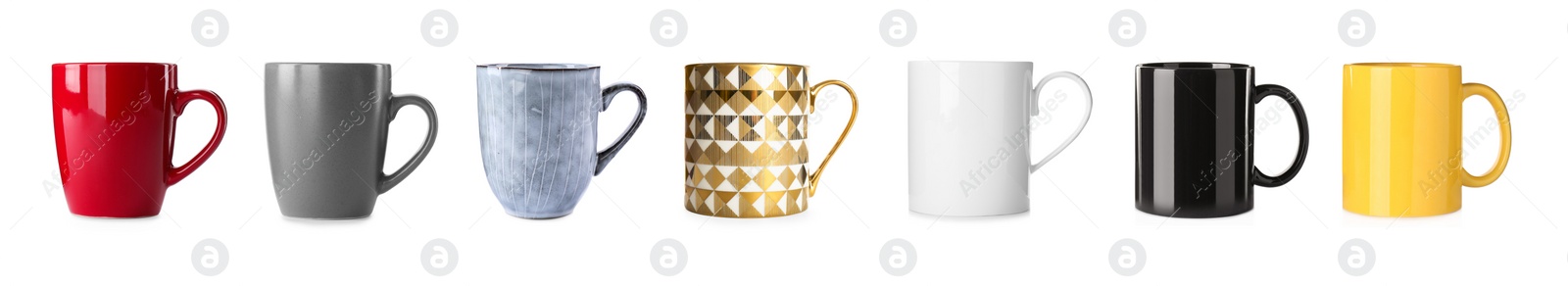 Image of Set with different beautiful cups on white background. Banner design