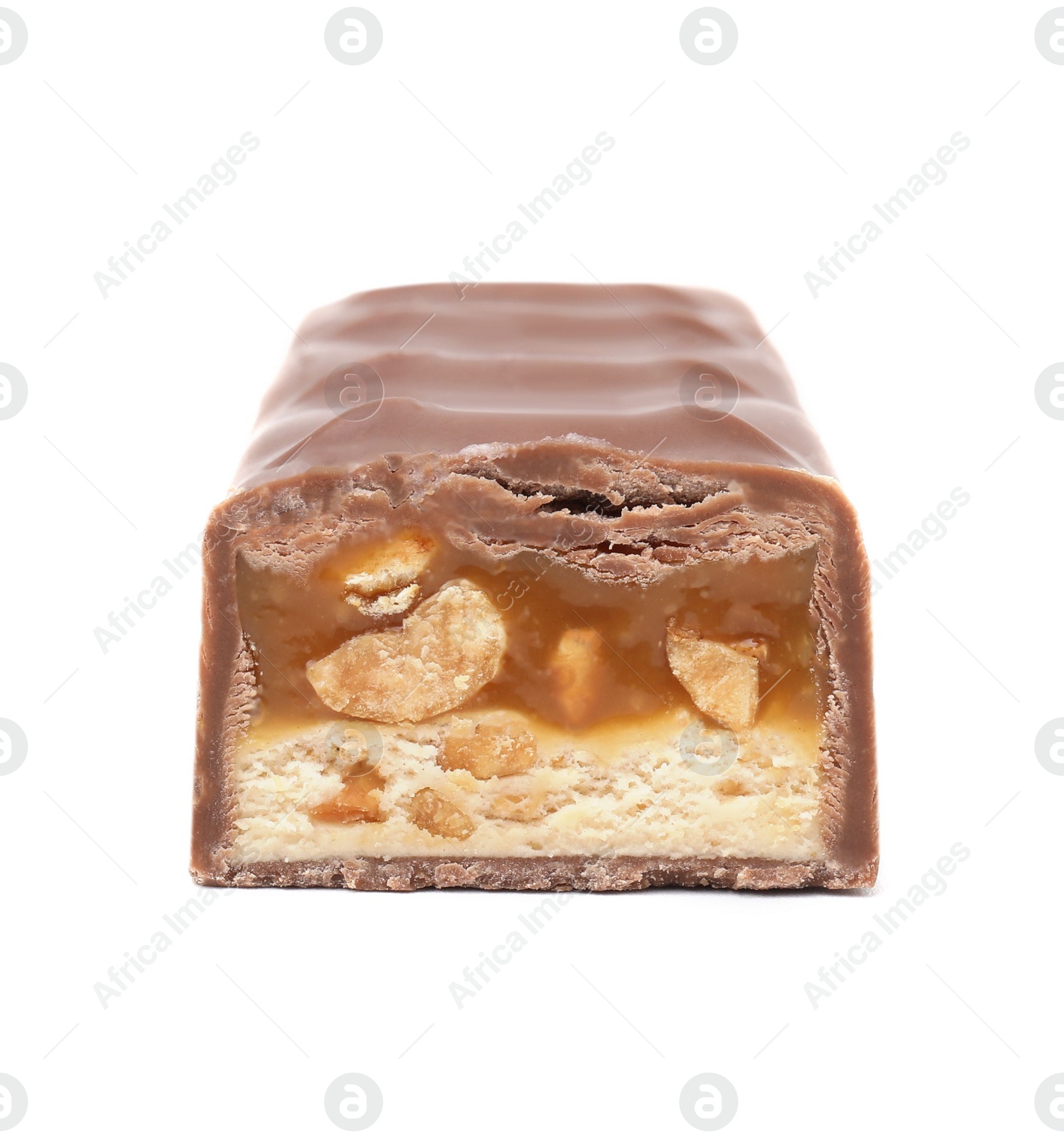 Photo of Piece of sweet tasty chocolate bar on white background