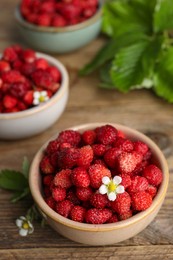 Photo of Fresh wild strawberries and flowers in bowls on wooden table