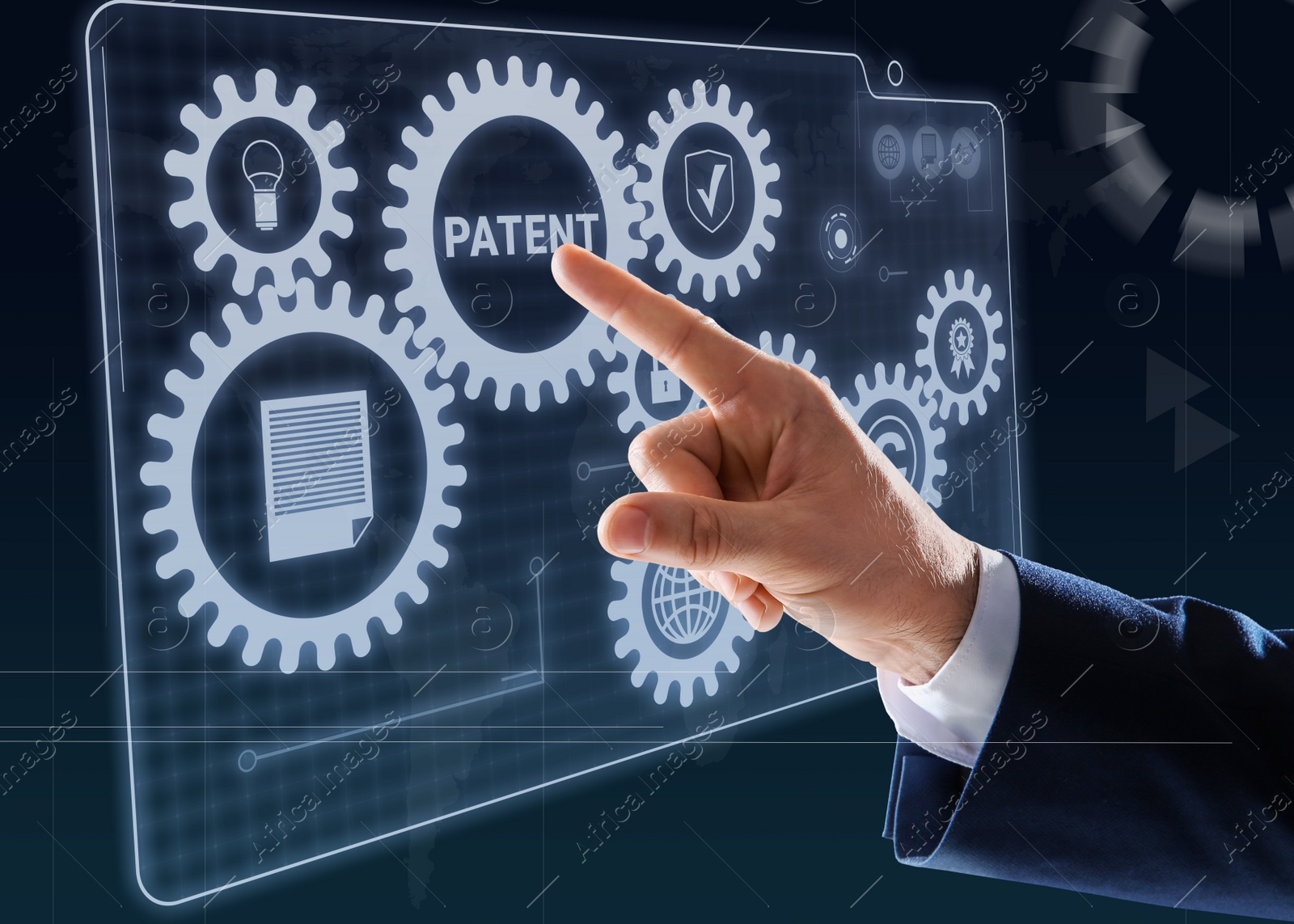 Image of Patent concept. Man pressing button on virtual screen, closeup