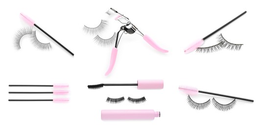 Image of Set with beautiful false eyelashes, black mascara, curler and brushes on white background, top view. Banner design
