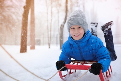 Photo of Cute little boy enjoying sleigh ride outdoors on winter day, space for text
