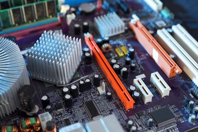 Photo of Motherboard as background, closeup. Computer repair service