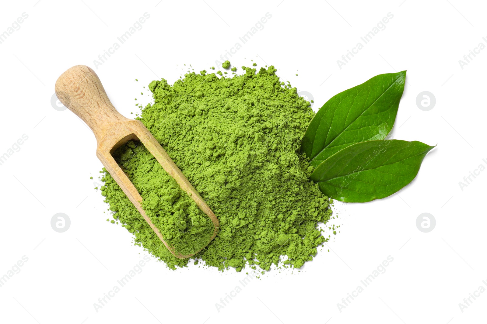 Photo of Pile of green matcha powder, scoop and leaves isolated on white, top view