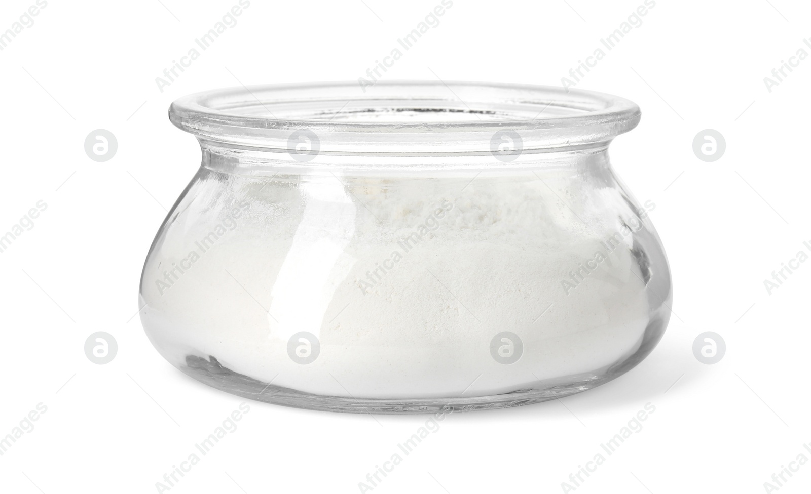 Photo of Baking powder in glass jar isolated on white