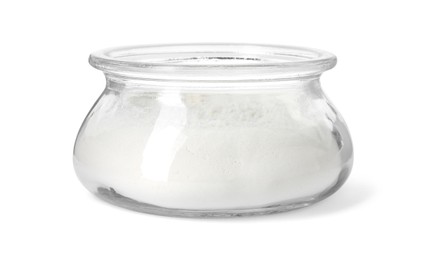 Photo of Baking powder in glass jar isolated on white