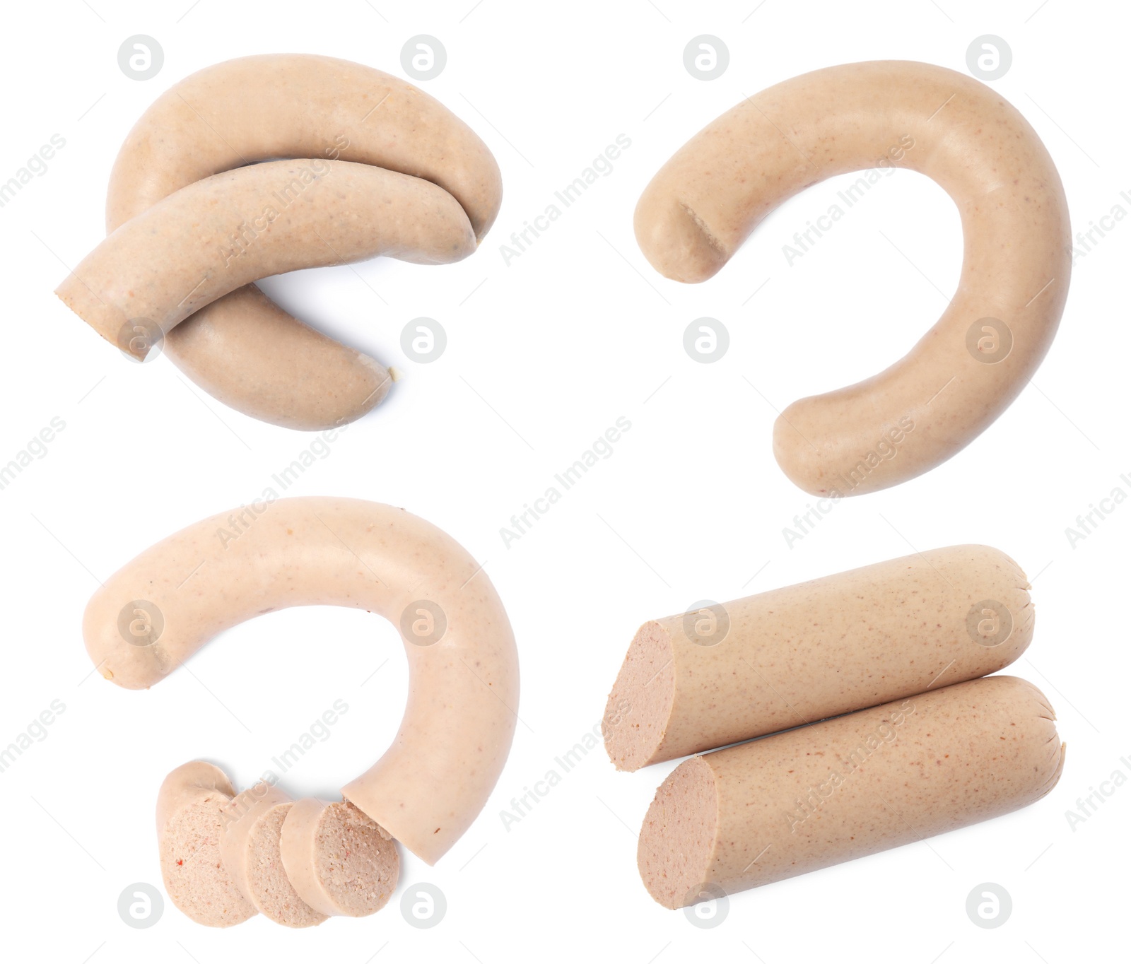 Image of Set with tasty liver sausages on white background, top view