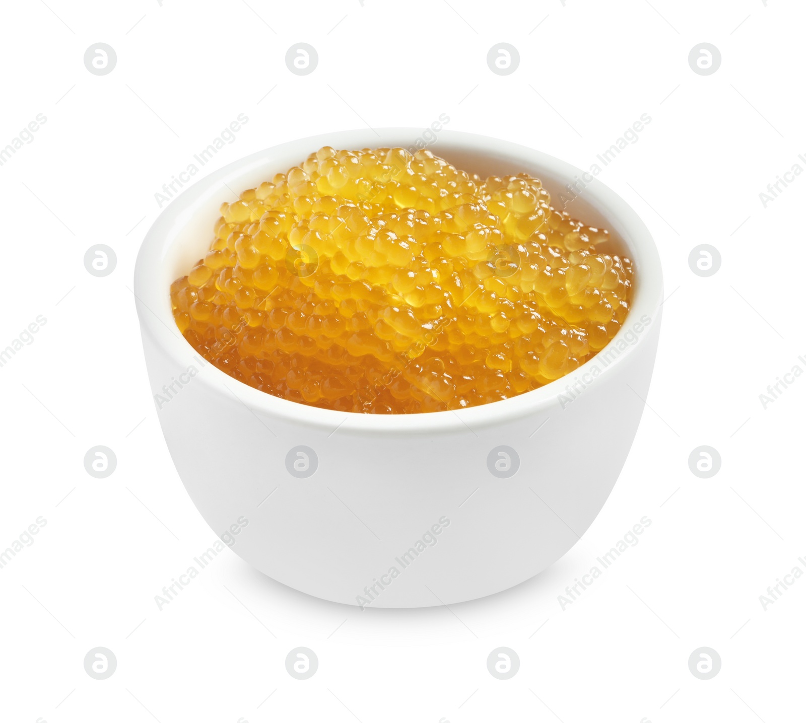 Photo of Fresh pike caviar in bowl isolated on white