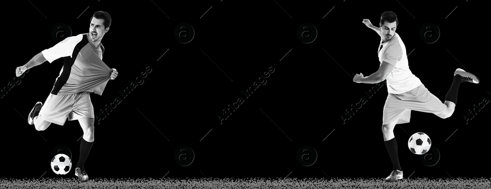 Image of Young man playing football, black and white effect. Banner design