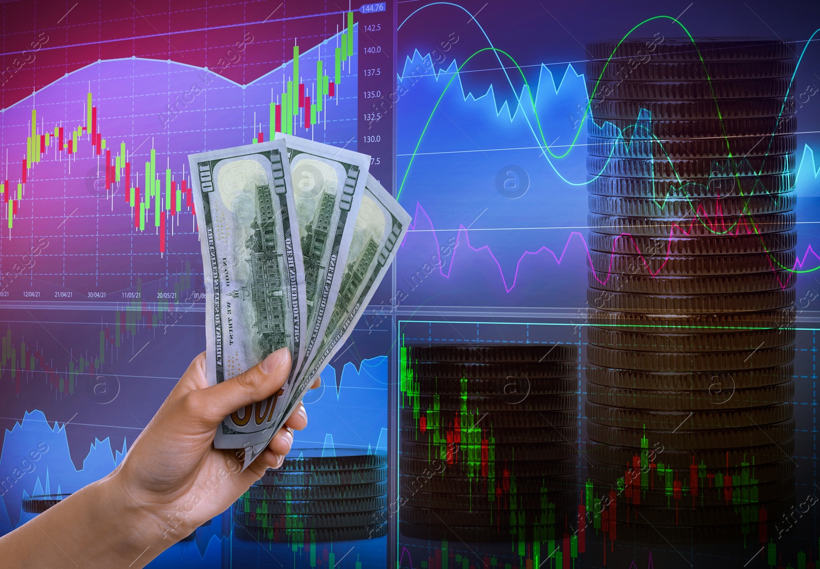 Image of Stock exchange. Woman holding dollar banknotes, closeup. Double exposure of digital graphs and coins