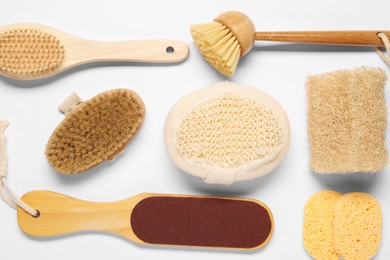 Bath accessories. Flat lay composition with personal care tools on white background