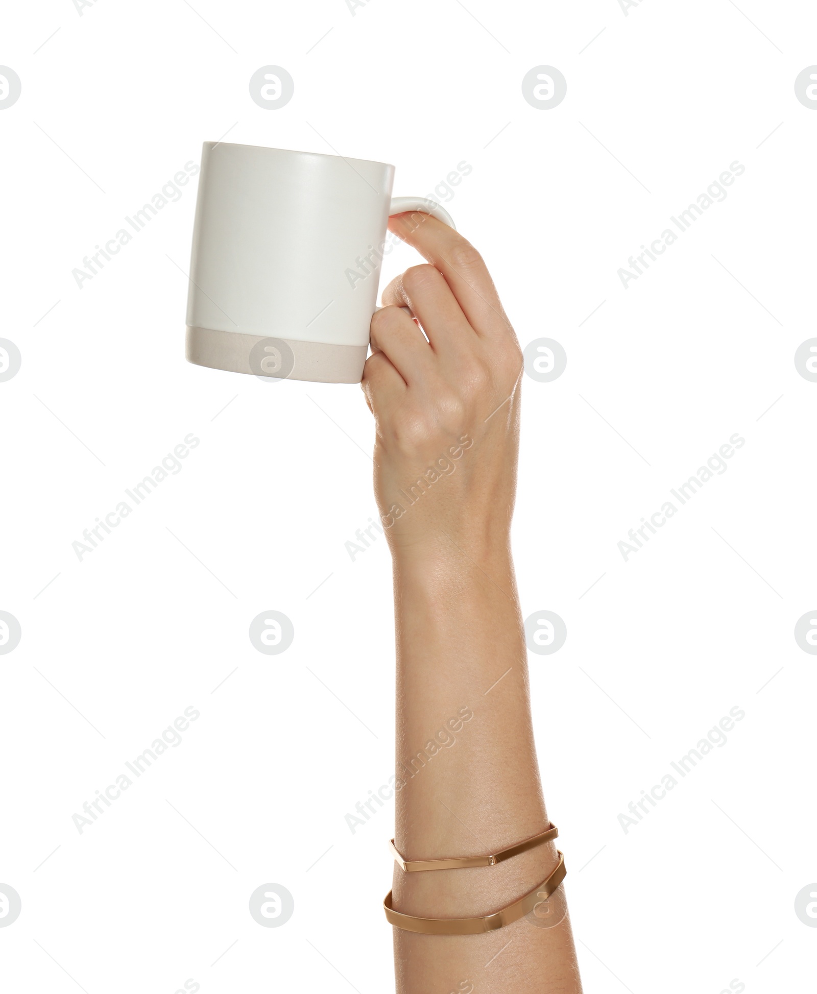 Photo of Woman holding elegant cup on white background, closeup