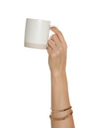 Woman holding elegant cup on white background, closeup