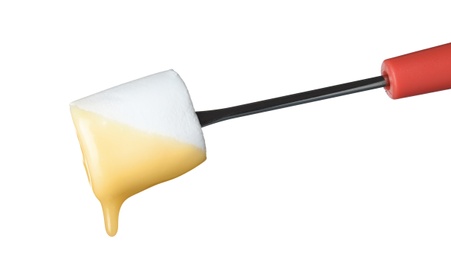 Photo of Marshmallow with chocolate on fondue fork against white background