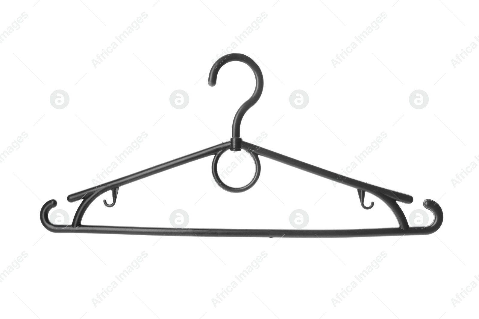 Photo of Empty plastic hanger isolated on white. Wardrobe accessory