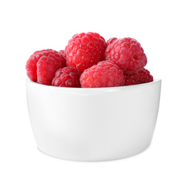 Photo of Delicious fresh ripe raspberries in bowl isolated on white