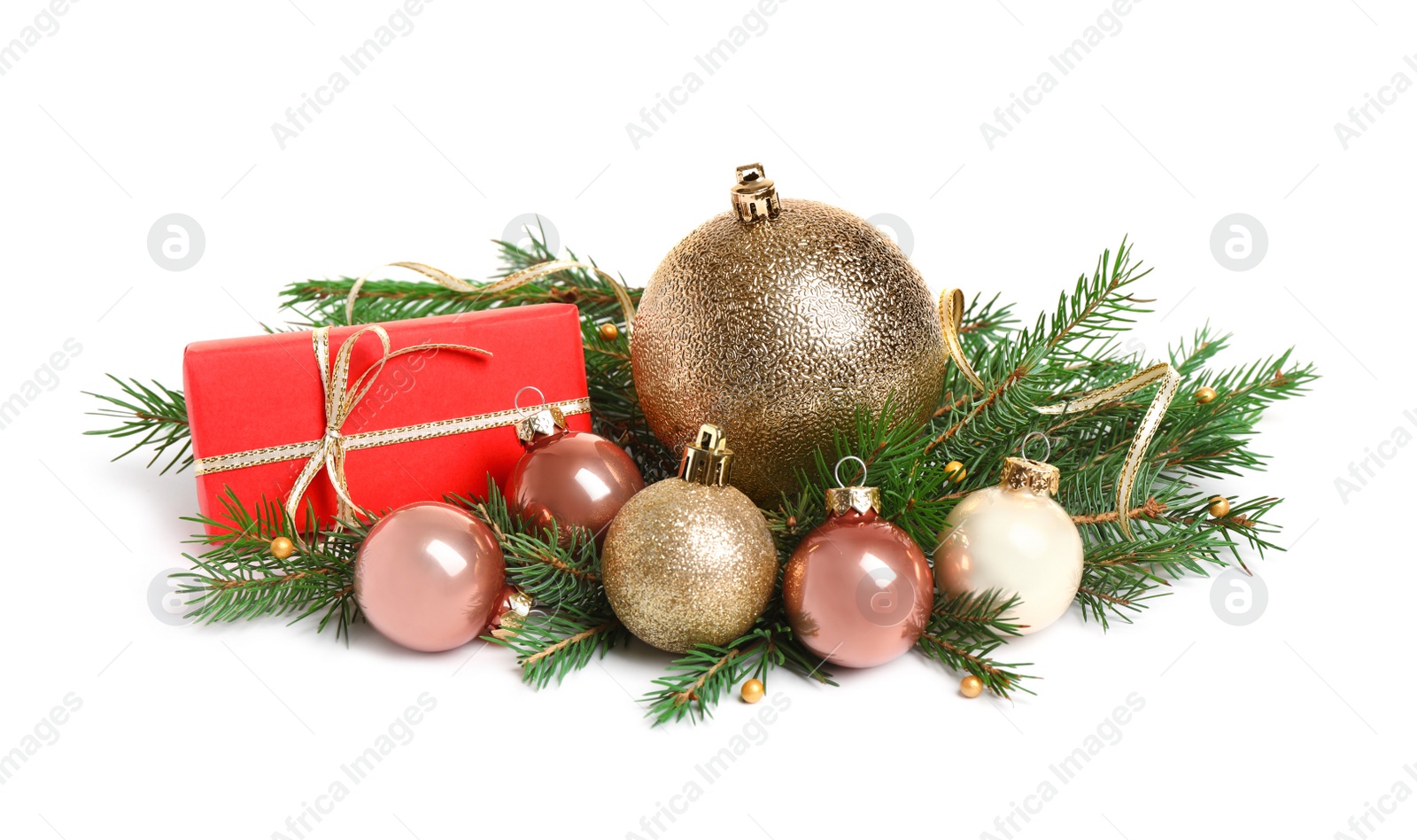 Photo of Christmas tree branches and festive decoration on white background