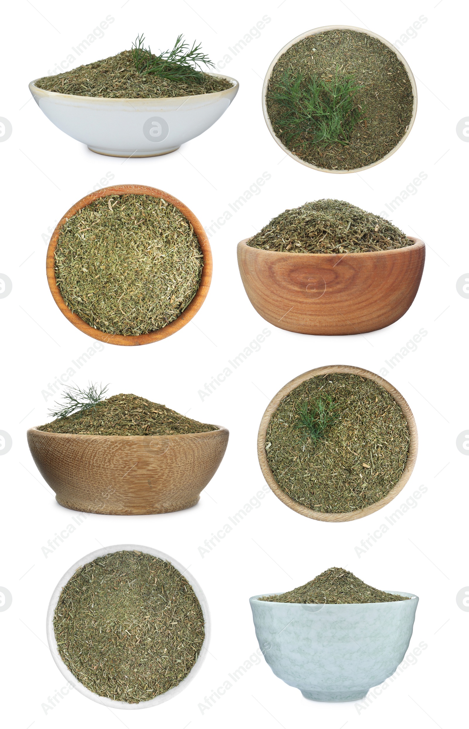 Image of Bowls with dry dill on white background