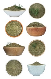 Image of Bowls with dry dill on white background