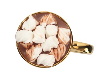 Cup of delicious hot chocolate with marshmallows isolated on white, top view