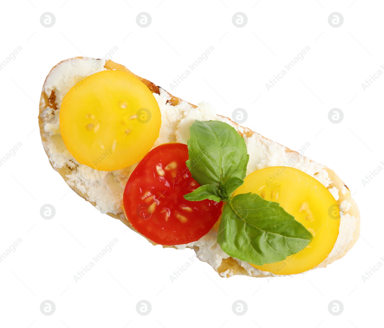 Photo of Tasty fresh tomato bruschetta on white background, top view