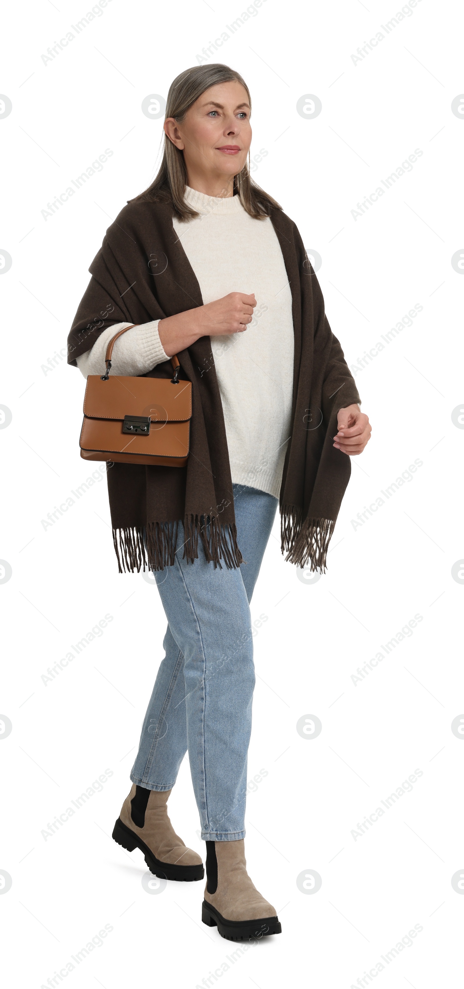 Photo of Full length portrait of senior woman with bag on white background