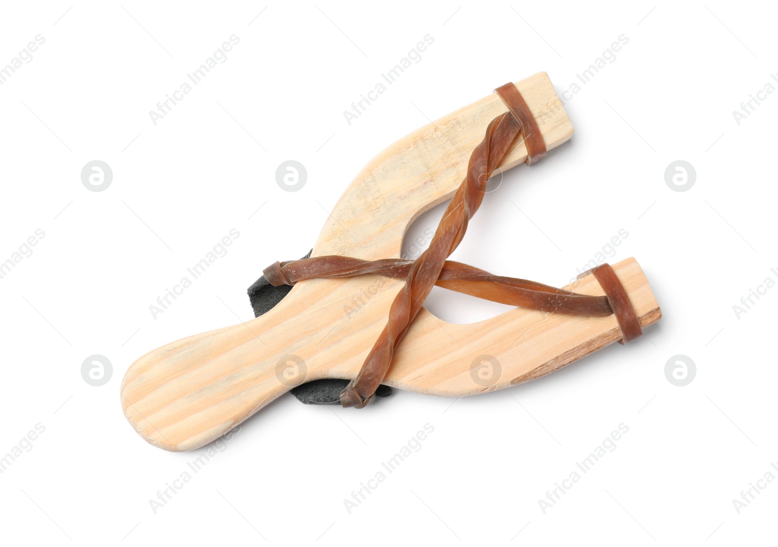 Photo of One wooden slingshot with leather pouch isolated on white, top view