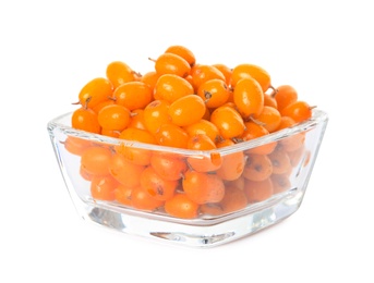 Fresh ripe sea buckthorn berries in bowl isolated on white