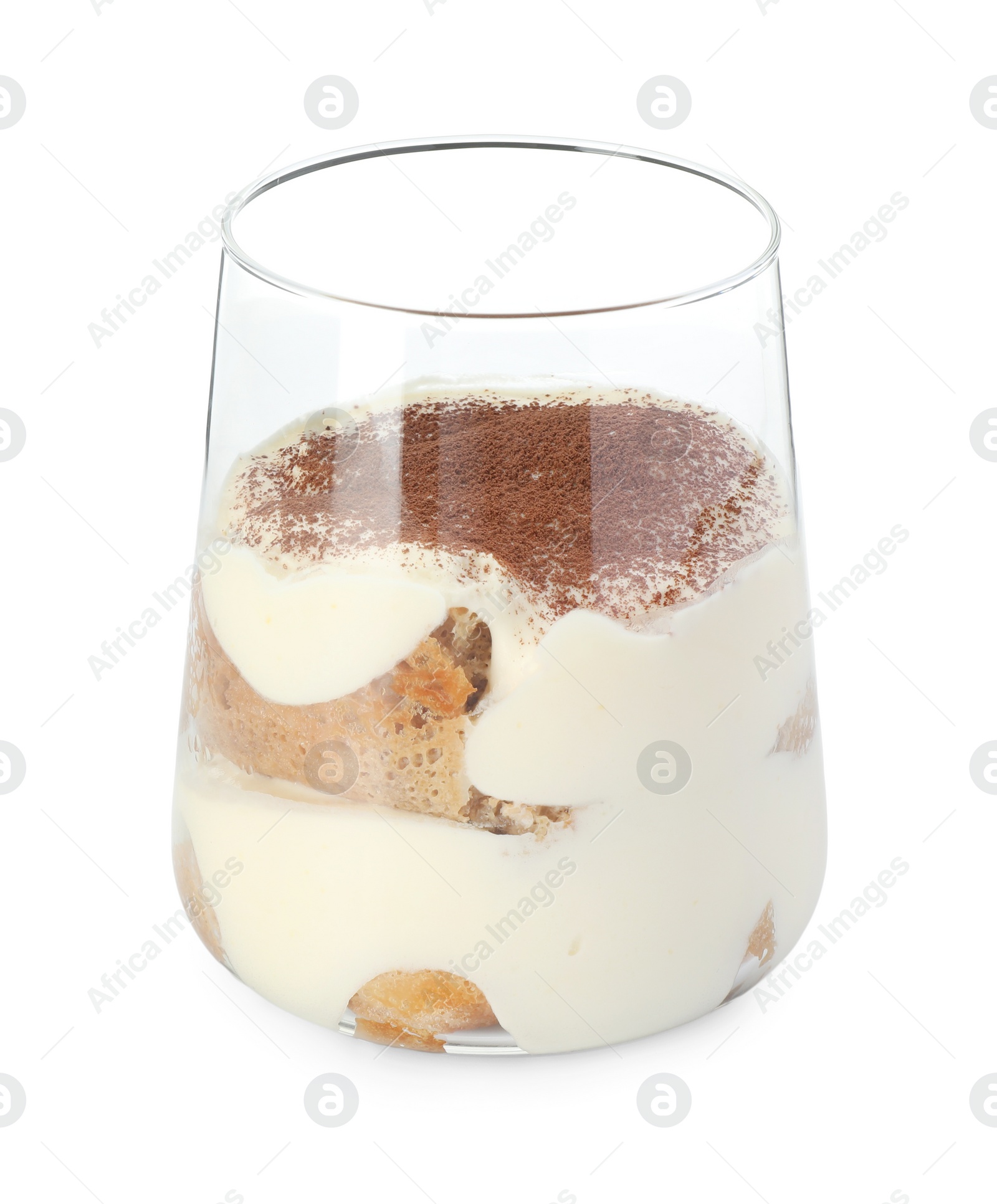 Photo of Delicious tiramisu in glass isolated on white