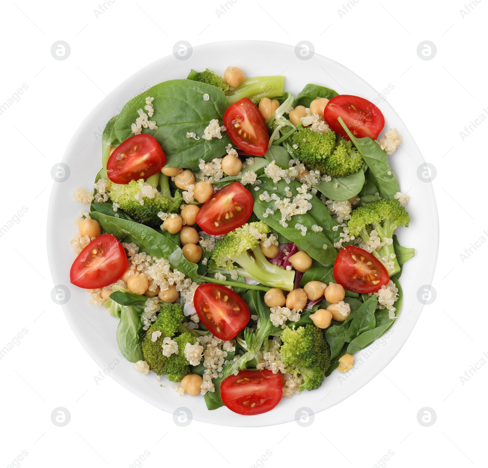 Photo of Healthy meal. Tasty salad with quinoa, chickpeas and vegetables isolated on white, top view