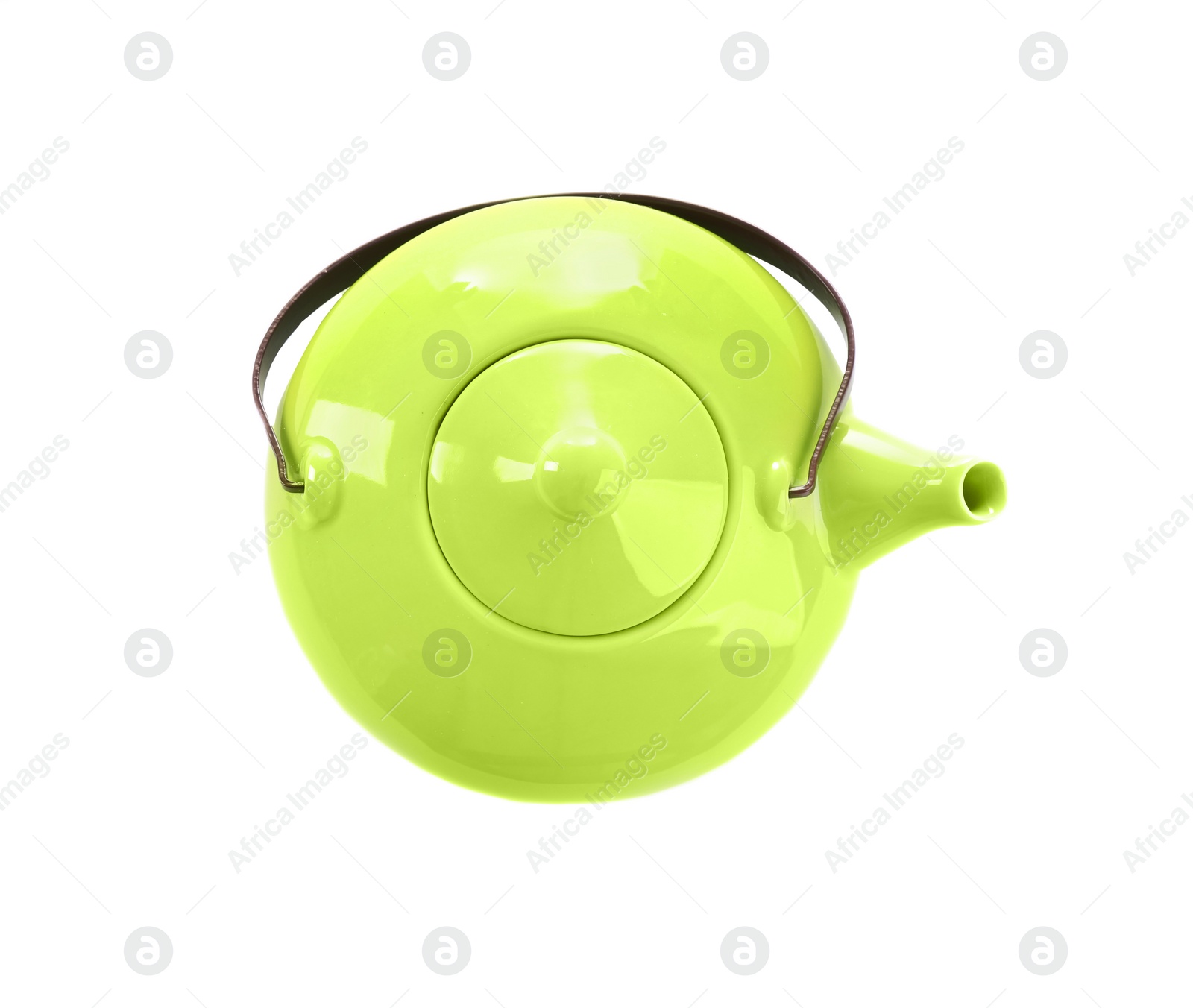 Photo of Color ceramic teapot isolated on white, top view