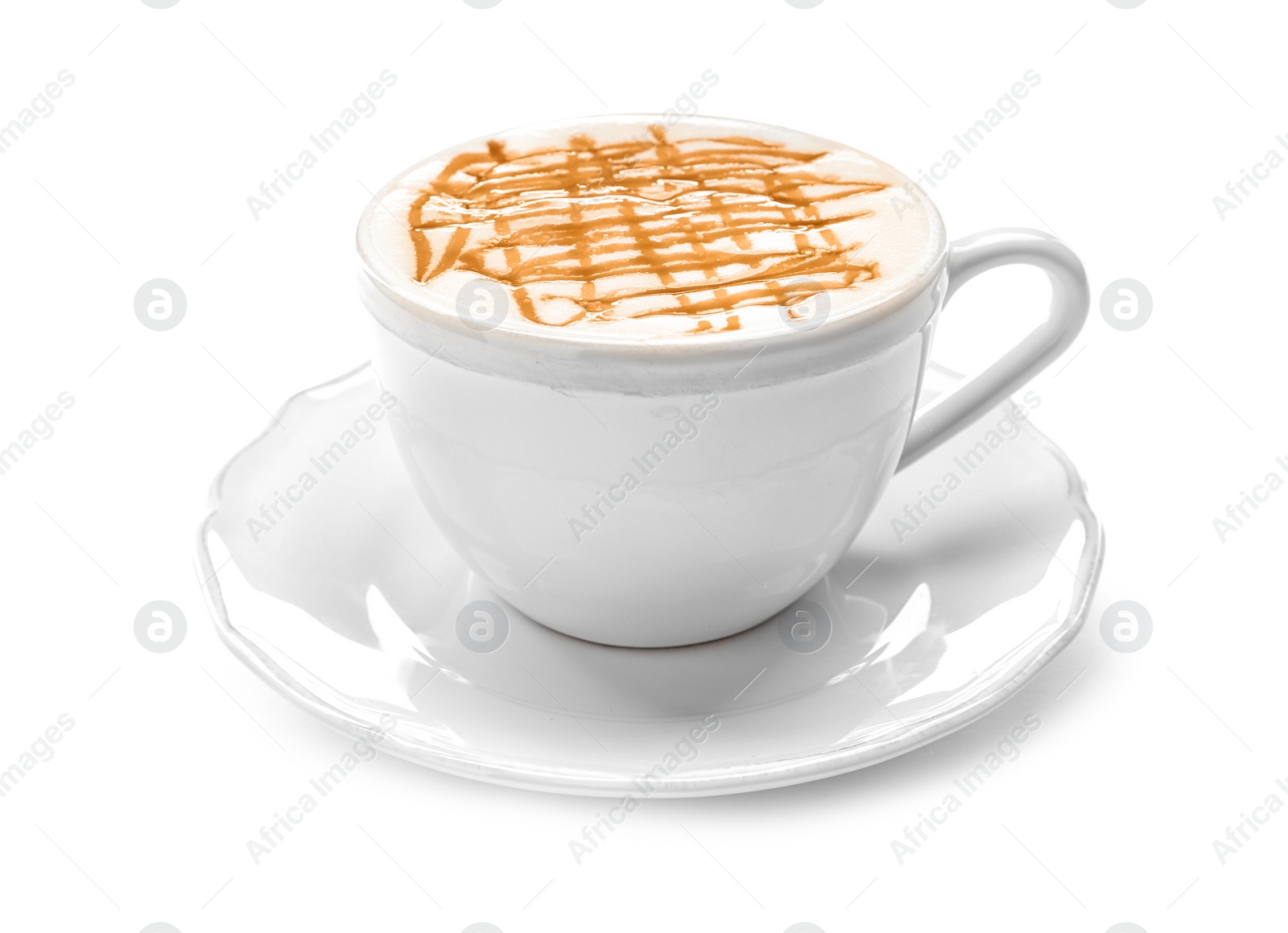 Photo of Cup of tasty caramel macchiato on white background