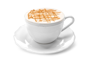 Photo of Cup of tasty caramel macchiato on white background