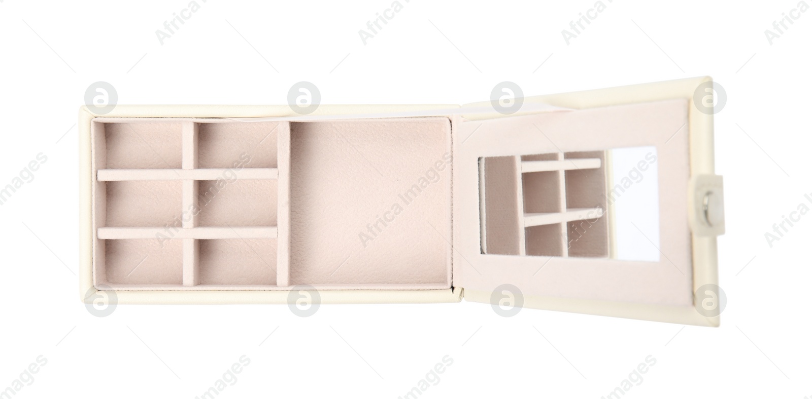 Photo of Empty stylish jewelry box isolated on white, top view