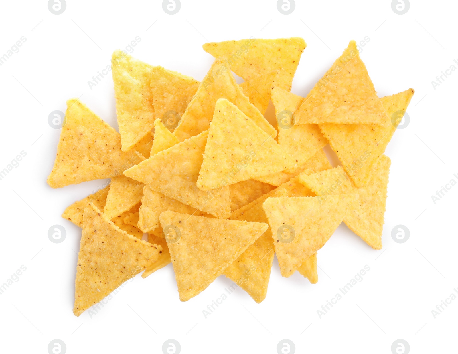 Photo of Tasty tortilla chips (nachos) on white background, top view