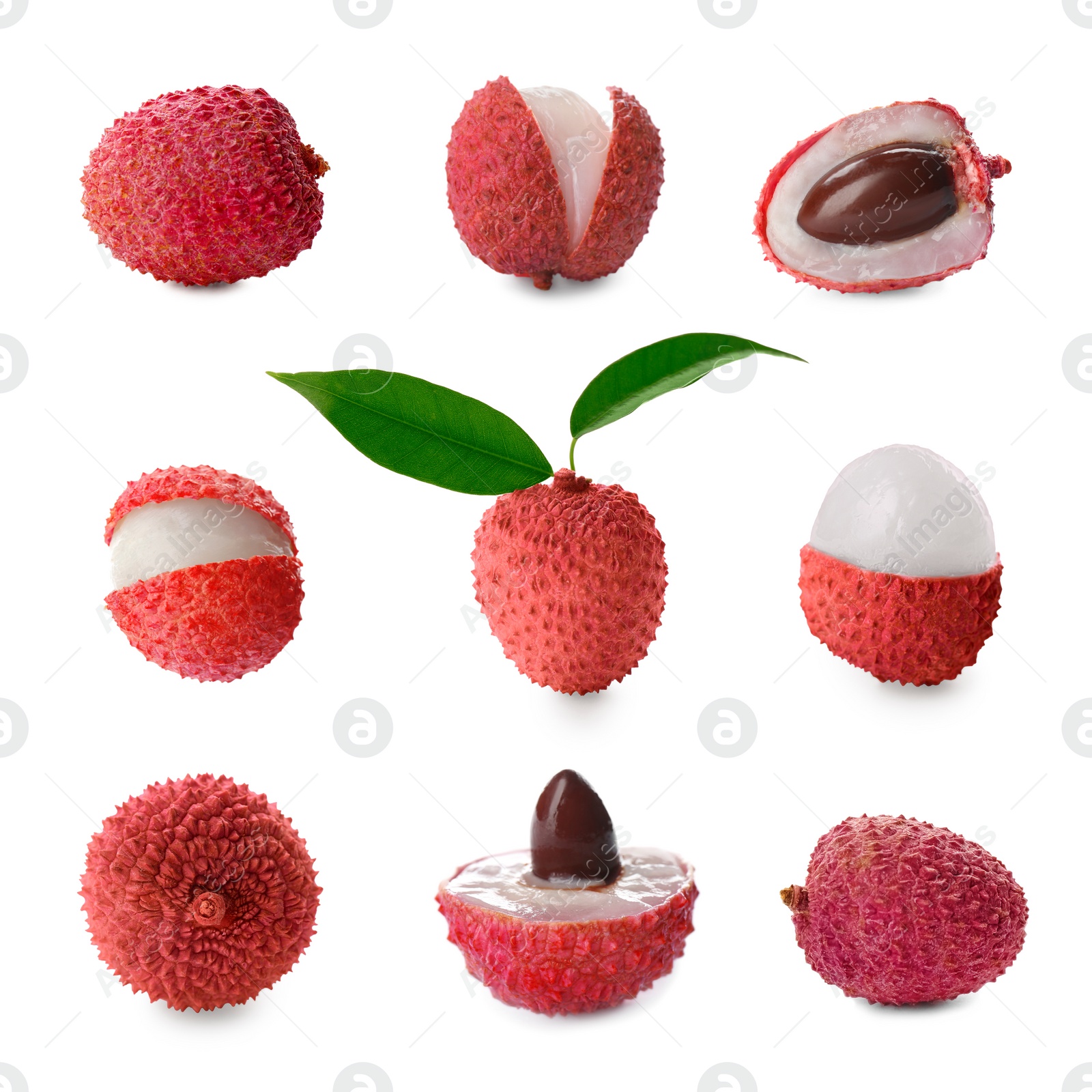 Image of Fresh lychees isolated on white, collection. Tropical fruit