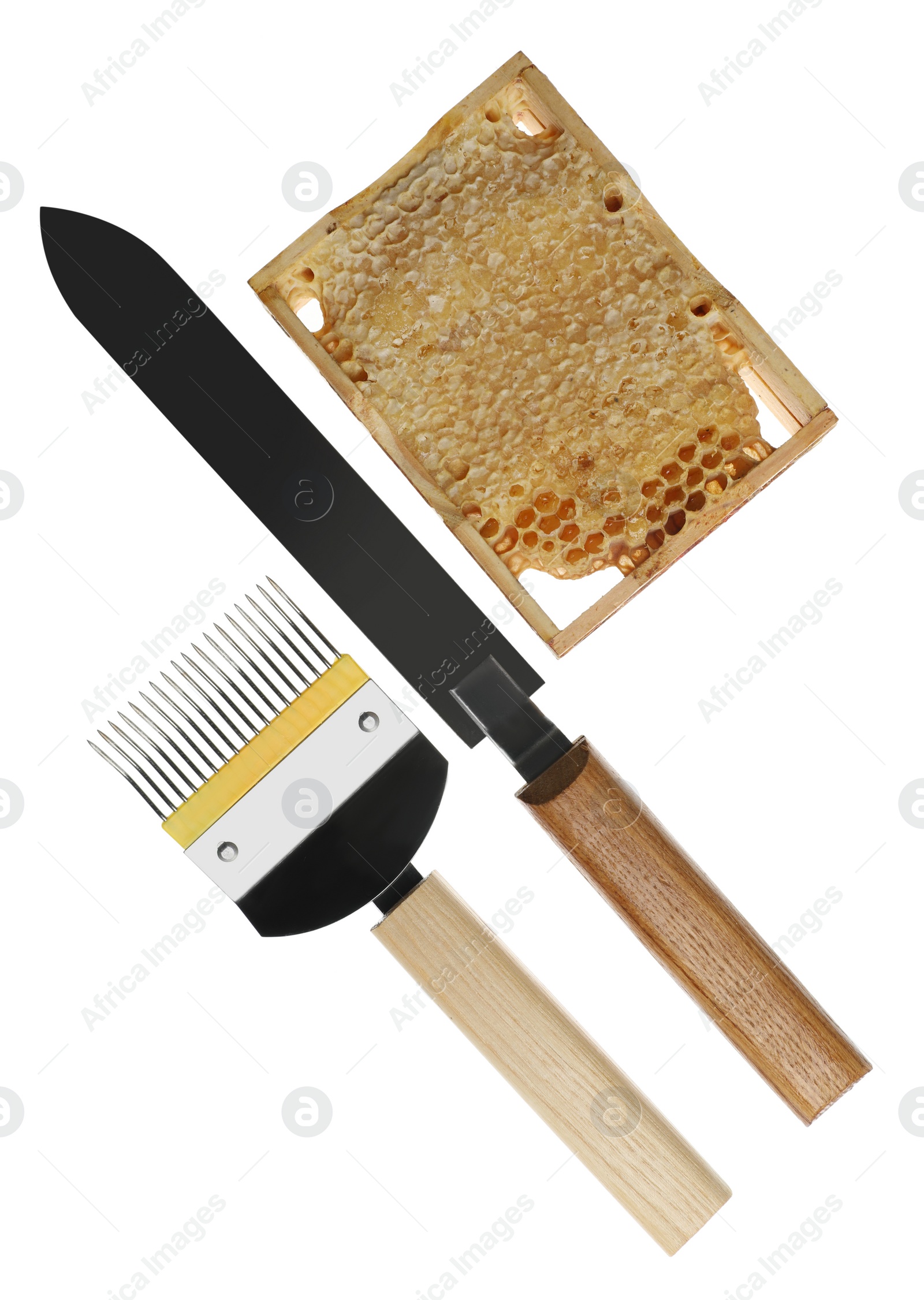 Photo of Beekeeping tools and hive frame with honeycomb on white background, top view