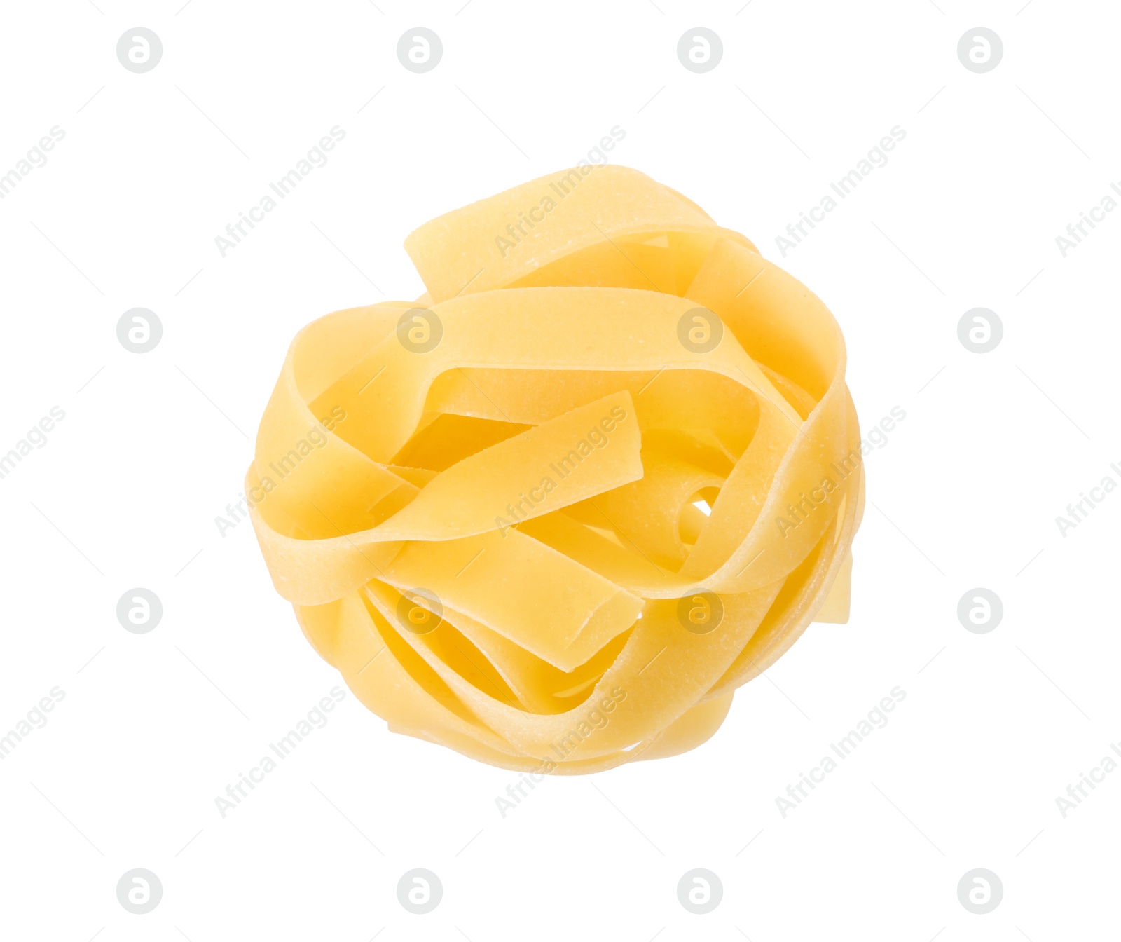 Photo of Raw fettuccine pasta isolated on white, top view