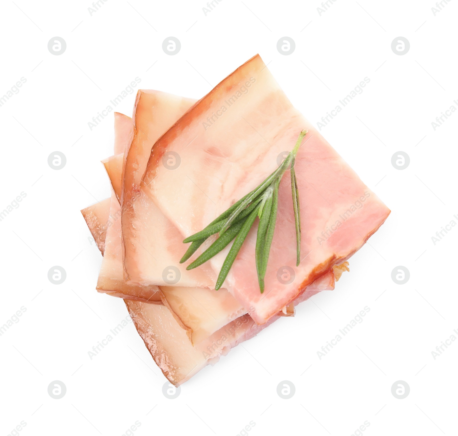 Photo of Delicious smoked bacon with rosemary on white background, top view