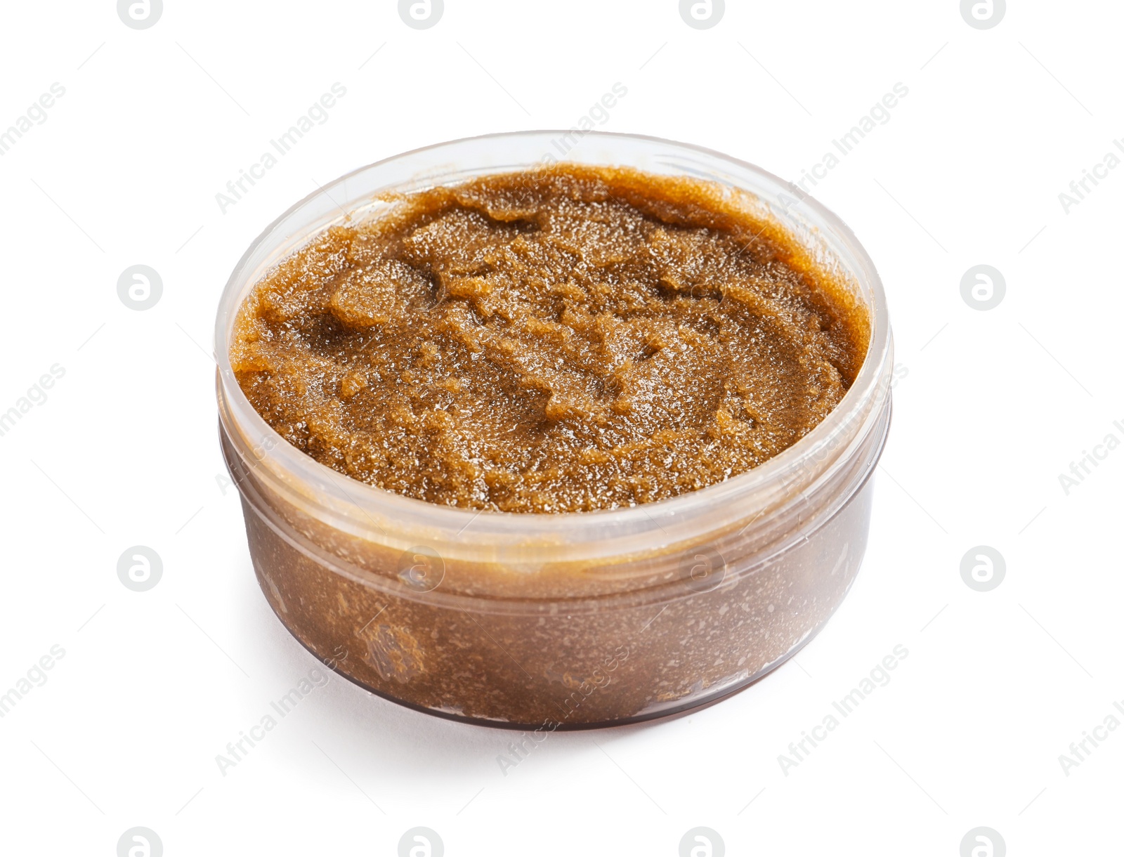Photo of Container with natural scrub on white background
