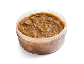 Photo of Container with natural scrub on white background