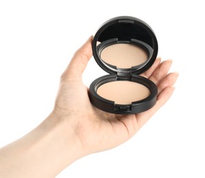 Woman holding black pocket powder with mirror on white background, closeup. Cosmetic product