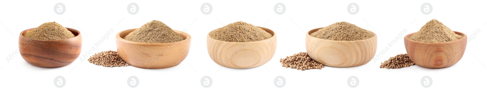 Image of Set with coriander seeds and powder on white background. Banner design