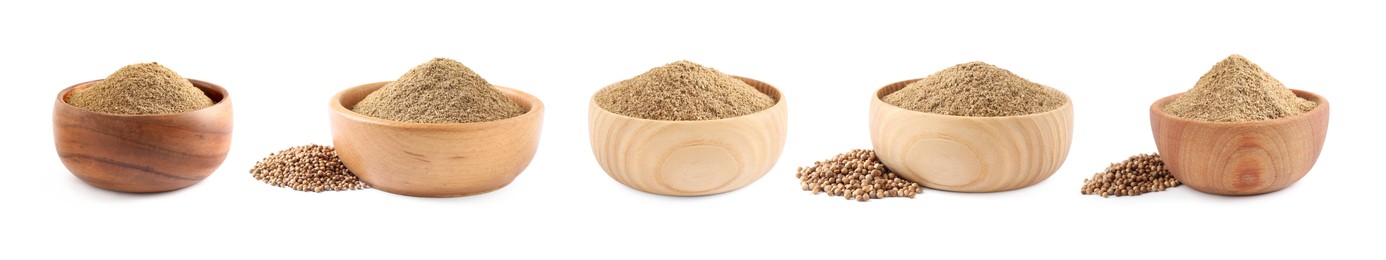 Image of Set with coriander seeds and powder on white background. Banner design