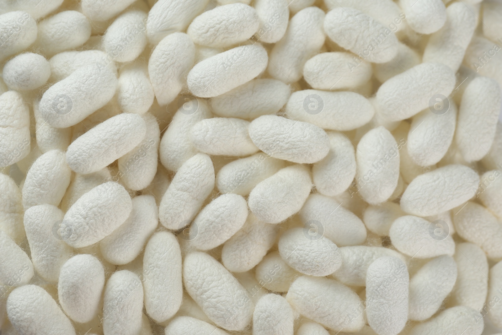 Photo of Pile of natural silkworm cocoons as background, closeup